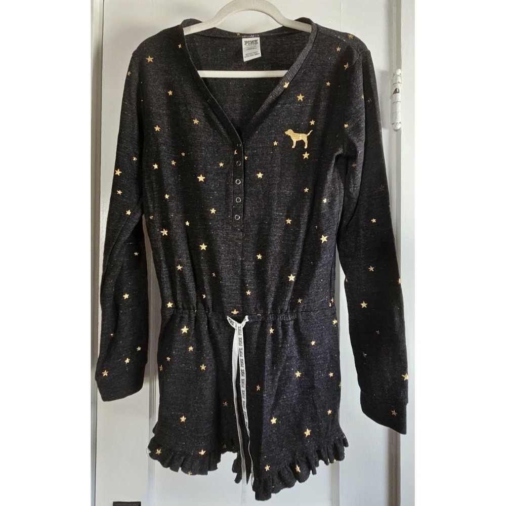 Victoria's Secret Sleepwear Romper metallic gold print woman Sz L charcoal gray
